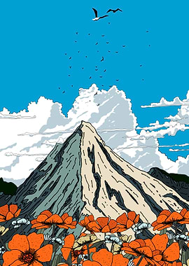 Mountain peak with flowers illustration