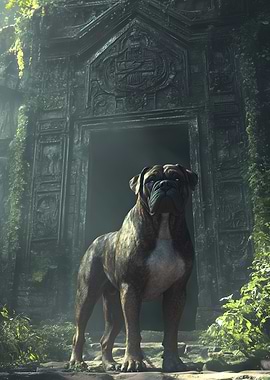 Muscular Cane Corso Mastiff Dog Guarding Ancient Ruins - Majestic Black Dog Portrait Art