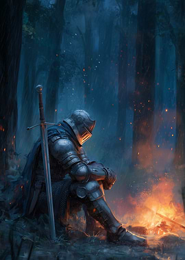 Knight by Campfire in Dark Forest