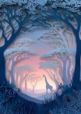 Giraffe in layered papercut forest