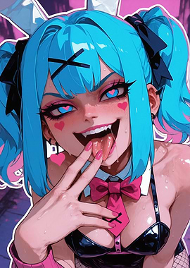 Crazy Blue-Haired Anime Bunny Girl with Heart Eyes