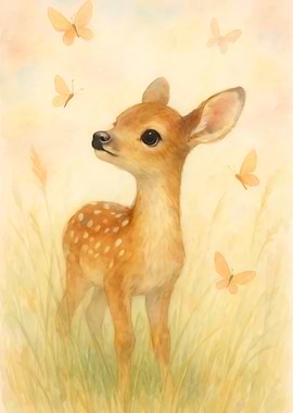 Watercolor Fawn with Butterflies