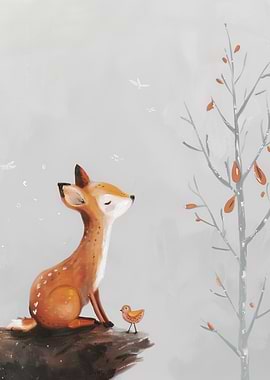 Cute Deer and Bird Illustration