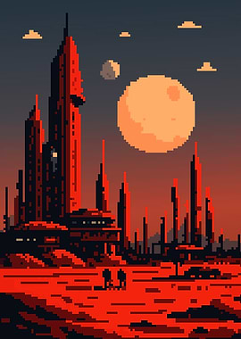Retro Pixel Art Sci-Fi Martian Colony Base Scenery