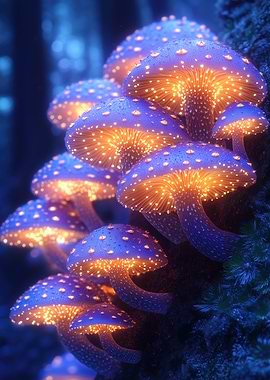 Glowing Mushrooms in a Blue Forest