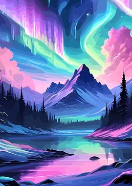 Aurora Borealis over Mountain Lake