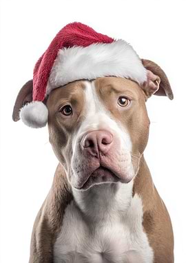 Pitbull Dog with Santa Hat Portrait