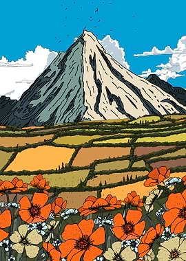 Mountain Landscape with Flowers and Fields