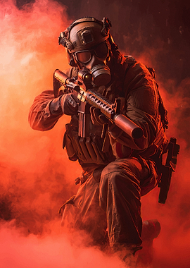 Soldier Gas Mask Red Smoke