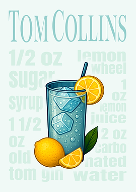 Tom Collins Cocktail Art Print – Classic Gin Drink Recipe Wall Decor for Bar, Kitchen, or Lounge