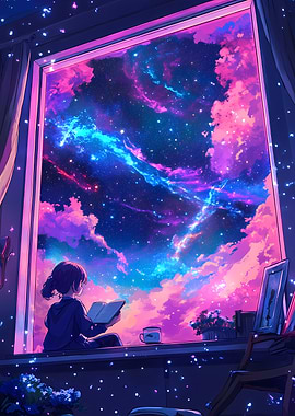 Girl Reading by the Window Under a Starry Galaxy Sky