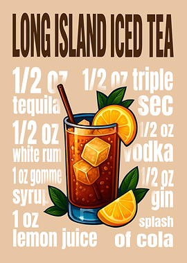 Long Island Iced Tea Cocktail Art Print – Bold Drink Recipe Wall Decor for Bar, Kitchen, or Man Cave