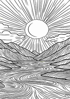 Monochrome Mountain Landscape with River and Sun