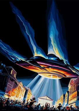 UFO over city with crowd