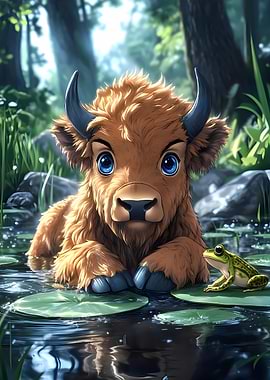 Cute Cartoon Buffalo and Frog in Pond