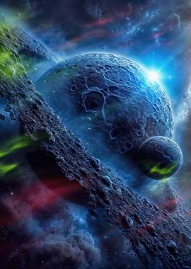 Cosmic Planet with Ring and Moon