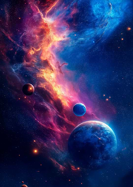 Colorful Nebula with Planets
