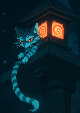 Striped Cat on Lantern at Night
