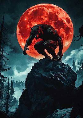 Werewolf on a Cliff Under Blood Moon