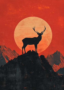 Deer Silhouette Mountain Landscape Art
