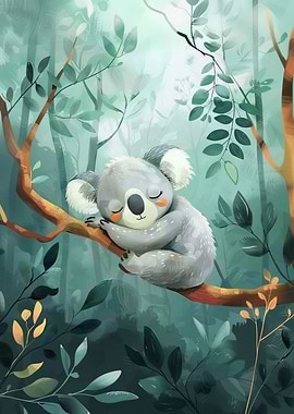 Sleeping Koala in Forest Illustration