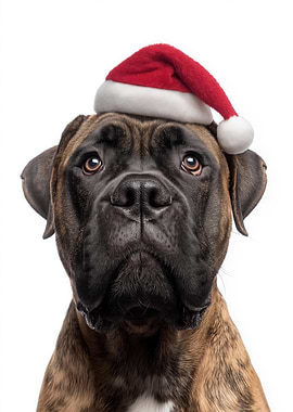 Bullmastiff Dog with Santa Hat Portrait