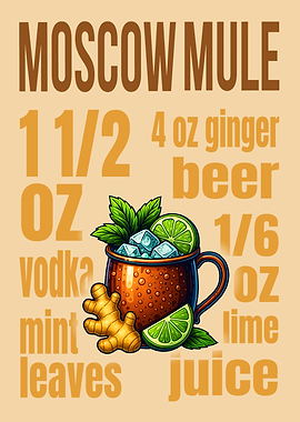 Moscow Mule Cocktail Art Print – Classic Copper Mug Drink Recipe Wall Decor for Bar, Kitchen, or Lounge