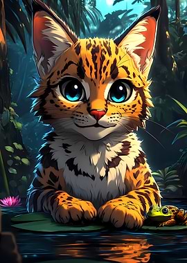 Cartoon Cat with Frog in Jungle