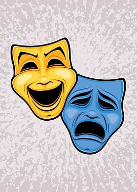 Classic Comedy And Tragedy Theatrical Masks In Yellow And Blue