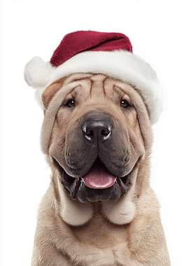 Shar Pei dog wearing Santa hat