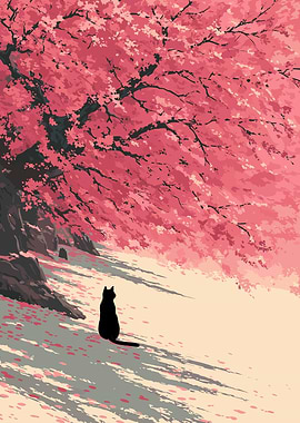 Black Cat Under Cherry Blossom Tree