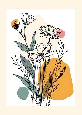 Floral Line Art with Abstract Shapes in Pink Yellow Blue