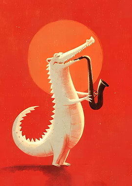 Crocodile playing saxophone on red background