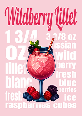 Wildberry Lillet Cocktail Art Print – Illustrated Drink Recipe Wall Decor for Kitchen or Home Bar