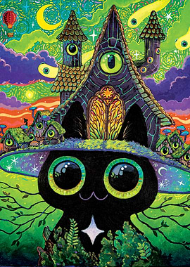 Whimsical Cat Witch House Illustration