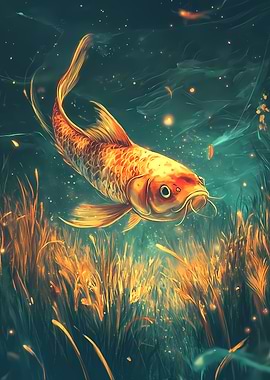 Golden Koi Fish in Aquatic Scene