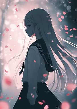 Anime Girl in Falling Petals