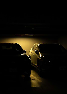 Cars in a dimly lit garage