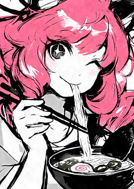 Anime Girl Eating Ramen Black Ink