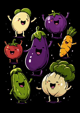 Happy Cartoon Vegetables on Black Background