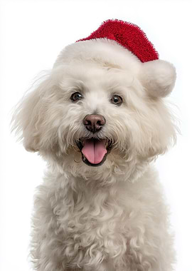 Bichon Frise Dog with Santa Hat Portrait