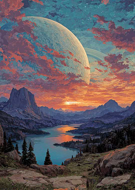 Fantasy Landscape with Planet and Mountains