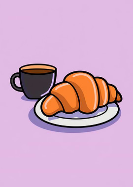 Croissant and Coffee Cartoon Illustration