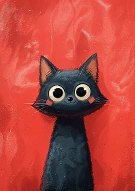 Cute Black Cat Portrait on Red