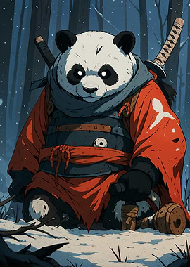 Samurai Panda in Snowy Forest