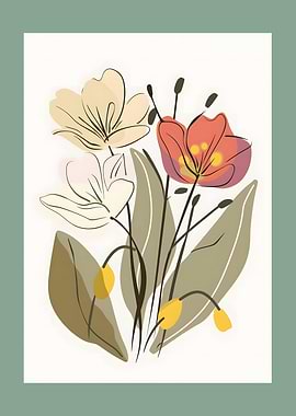 Floral Illustration with Red and Beige Flowers