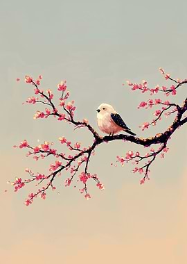 Bird on Cherry Blossom Branch