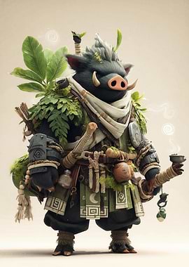 Boar Warrior with Greenery and Pipe
