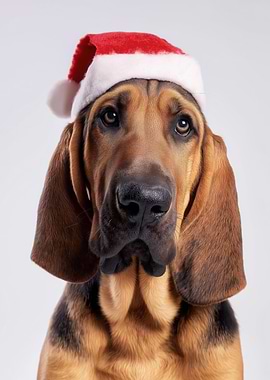 Bloodhound dog wearing Santa hat