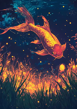 Golden Koi Fish in Dark Water